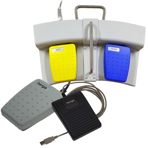 Fotpedaler, fotströmställare, fotbrytare för användning i vården. Från Herga